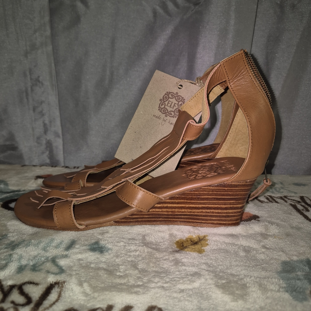 ELF Cognac Fringe Leather Wedge Sandals - Picture 5 of 8